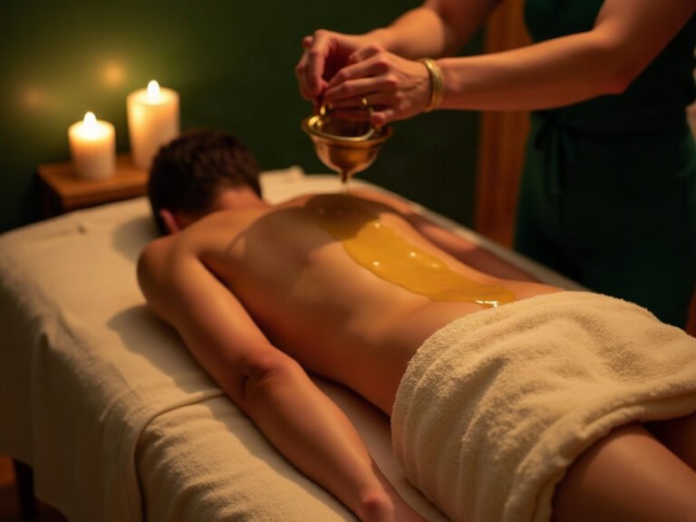 Kati Vasti derékápoló kezelés meleg gyógynövényes olajjal a háton — Chandra Ayurveda Budapest